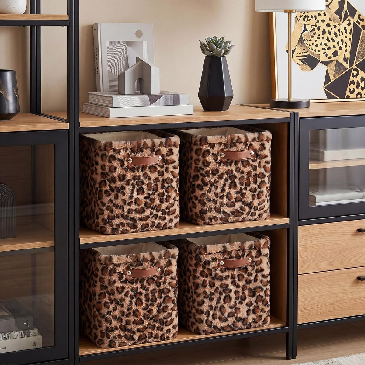 FoldTier 4 Pcs Brown Leopard Print Faux Fur Storage Cubes Bins 11"
