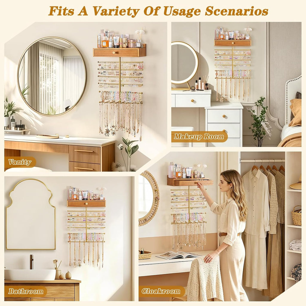 VINAEMO Hanging Wall Mounted Jewelry Organizer with Drawer, Honey Brown