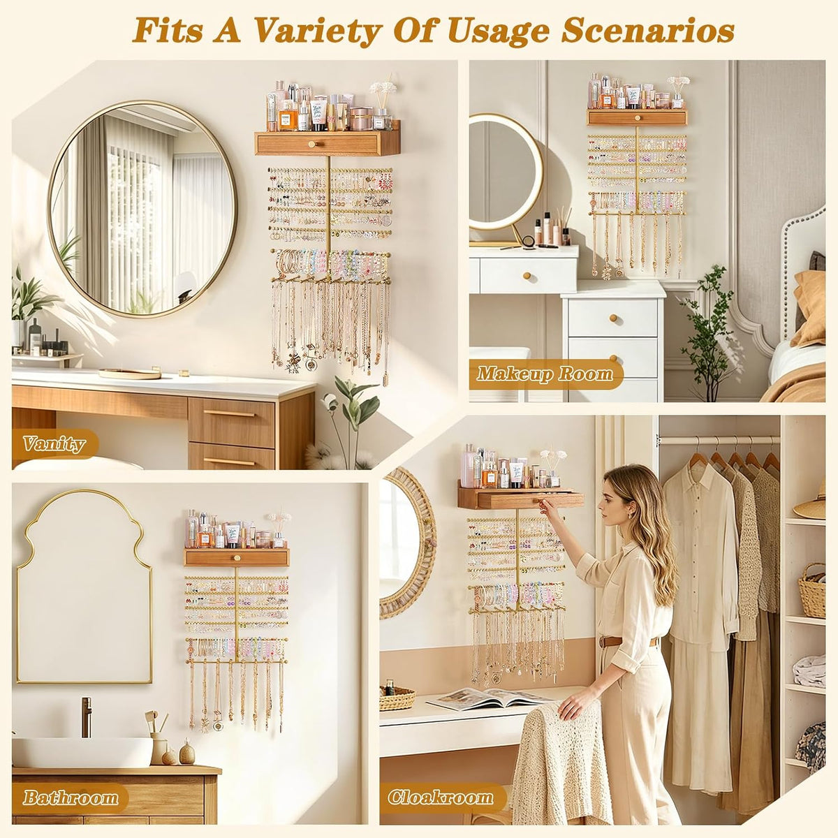 VINAEMO Hanging Wall Mounted Jewelry Organizer with Drawer, Honey Brown
