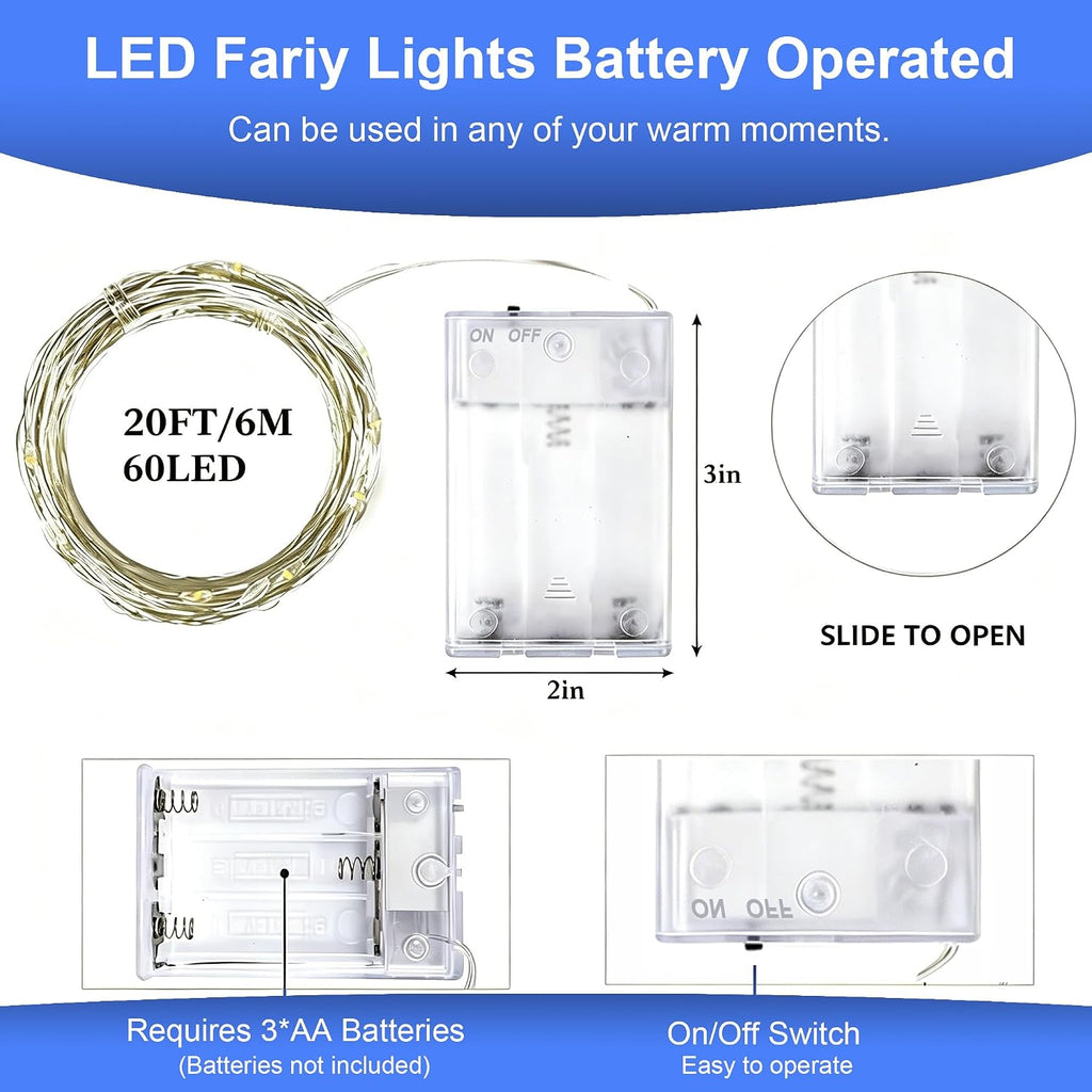 2 Pack LED Fairy Lights Battery Operated 20FT 60 LEDs Silver Wire String Lights Twinkle Lights Starry Fairy Lights for Bedroom Christmas Wedding Party Indoor Outdoor Decorations, Cool White