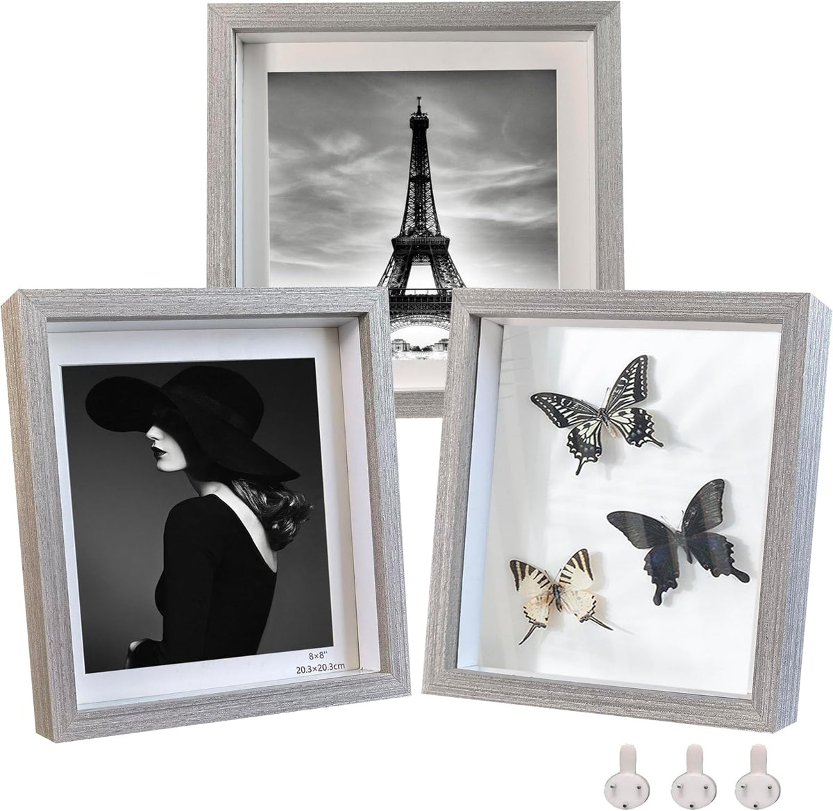 8x8 Shadow box Frame Grey Shadow Box Display Case Made of Solid Wood and Real Glass Deeps 0.6in for Wall Or Tabletop（3 Pack）