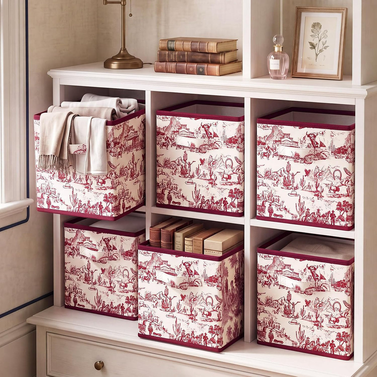 SiliFine 6 Pcs Burgundy Toile French Country Cube Storage Bins, 11 Inch
