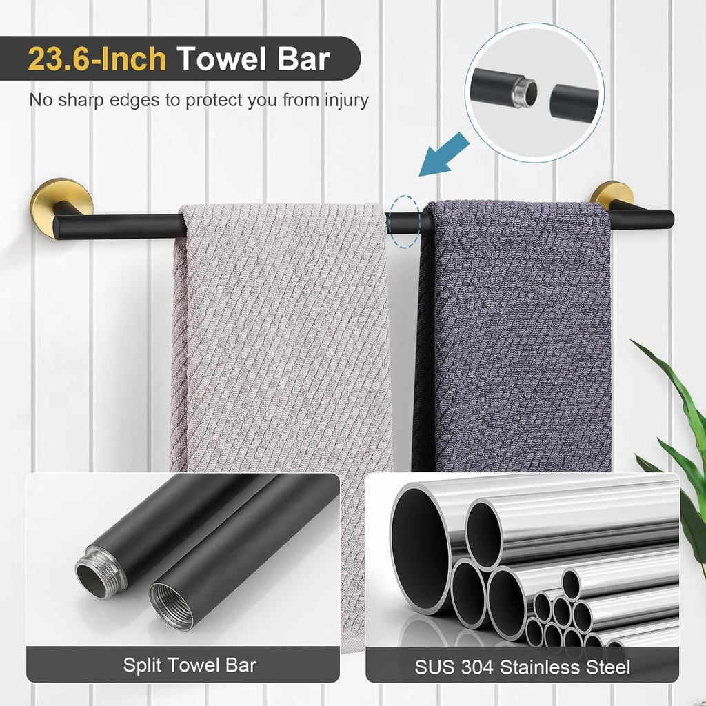 TQKAG Black and Gold Bathroom Hardware Set, 6-Piece Towel Bar Set 23.6 Inch