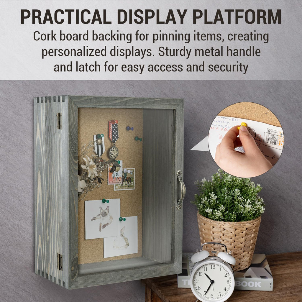 MyGift 11x14 Vintage Gray Solid Wood Deep Shadow Box with Cork Board Backing, Wall Mounted Display Case with Clear Acrylic Front Window Panel, Metal Handle