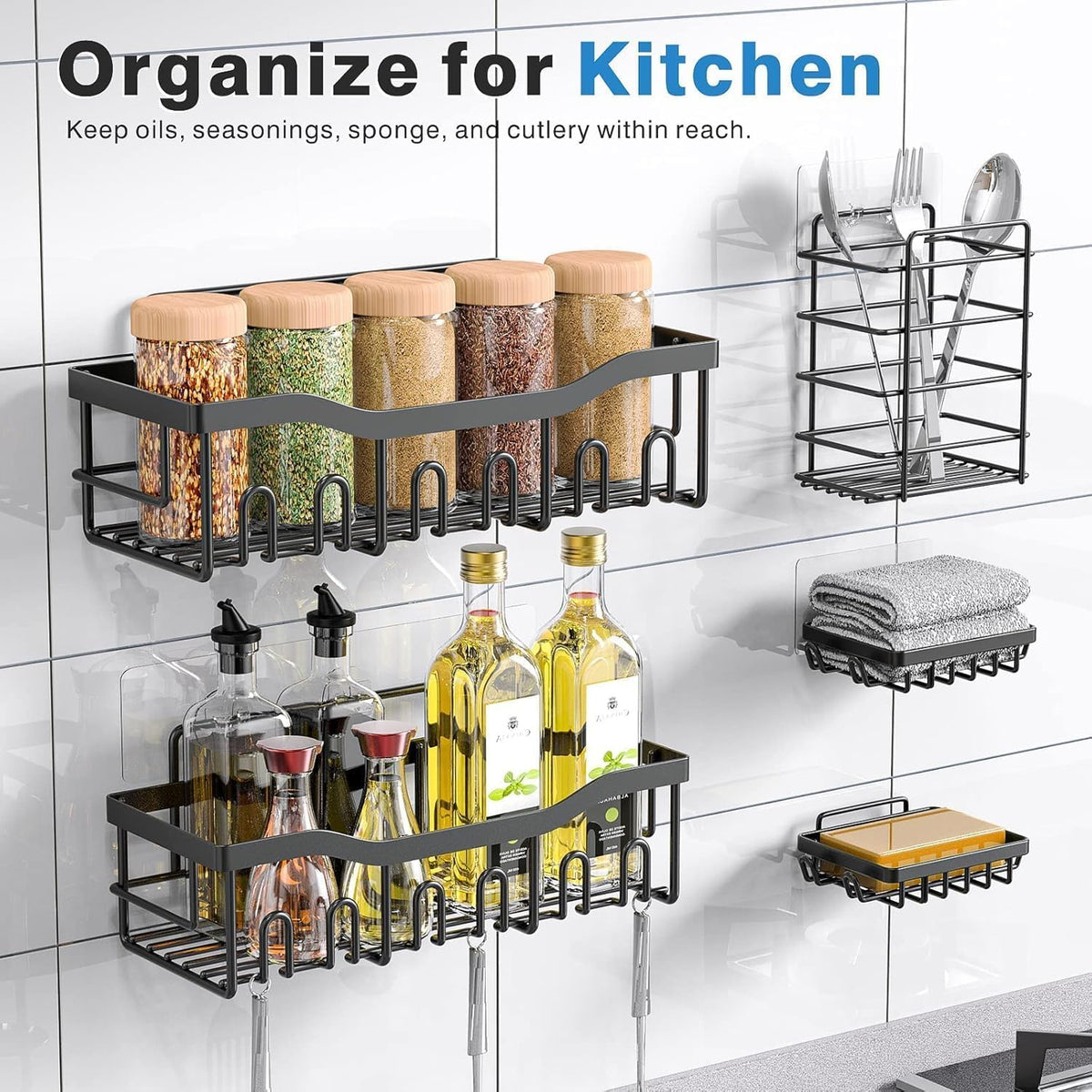 EUDELE 5-Pack Rustproof Stainless Steel Shower Caddy Set– No Drill Adhesive Bathroom Organizer, Space-Saving Shower Shelves for Apartment Essentials, Bathroom/Kitchen Storage Home Decor-L Size