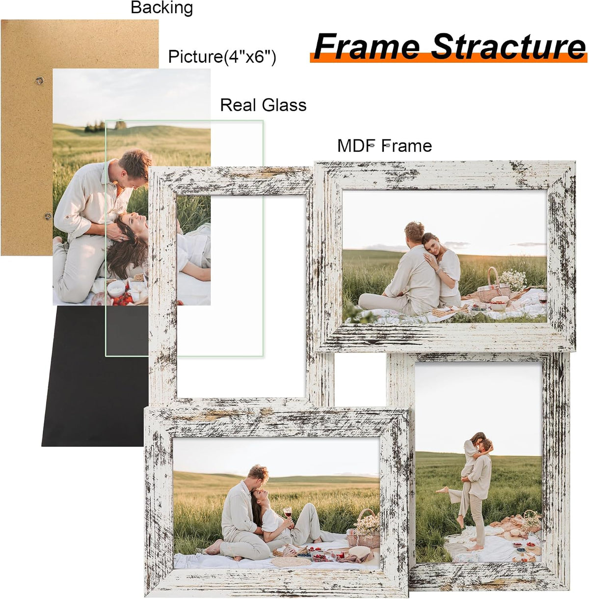 YESKAY 4x6 Collage Picture Frames Set of 1, Multi Family Photo Frame with Real Glass, Displays Four 4x6 Photo, Wall Decor Wall Hanging or Tabletop, Distressed White