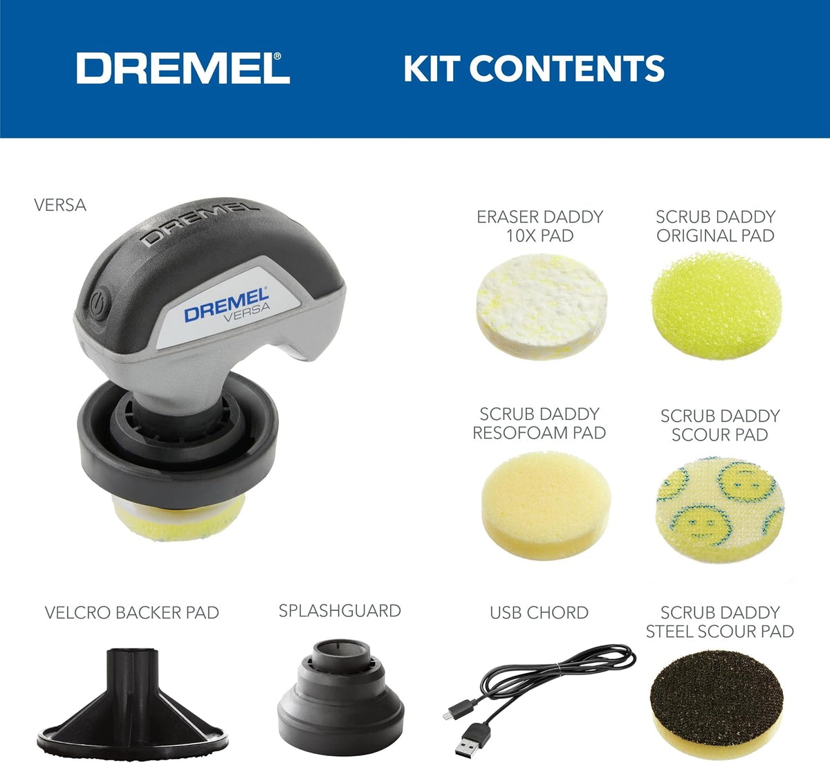 Dremel Versa Power Scrubber Kit with 5 Scrub Daddy Cleaning Sponge Pads - Waterproof Cordless Electric Spin Scrubber, High Speed, Multi-Surface Cleaning for Kitchen, Household, and Bathroom, PC10-07