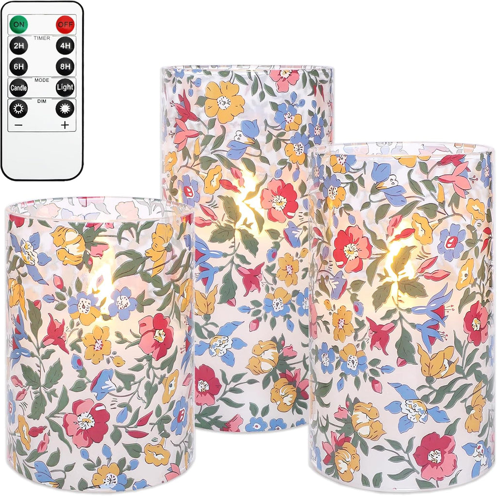Floral Glass Flameless Candles with Remote, Spring Wildflower Design LED Candles, 3D Wick Flickering Battery Operated Candles for Home Decor, Bedroom, Wedding, Table Centerpiece