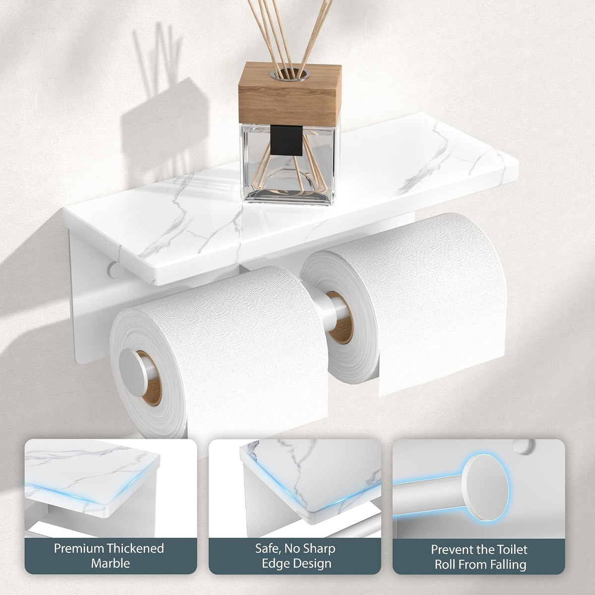 FORIOUS Double Marble Toilet Paper Holder with Phone Shelf, Commercial