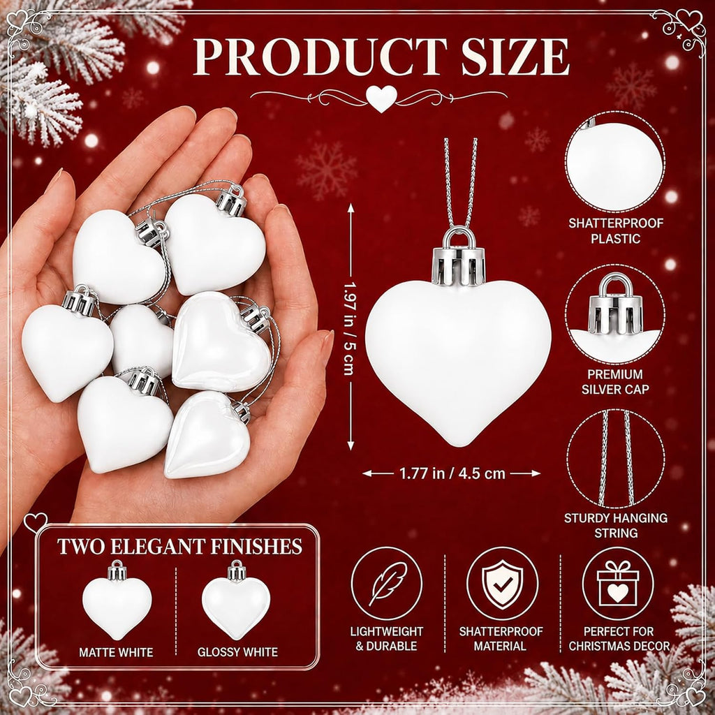 Set of 12 White Heart Ornaments for Christmas Valentine Tree Decorations, 1.8 inch Mini Valentines Ornaments for Small Tree, Heart Shaped Plastic Shatterproof Hanging Balls Holiday Party Decor