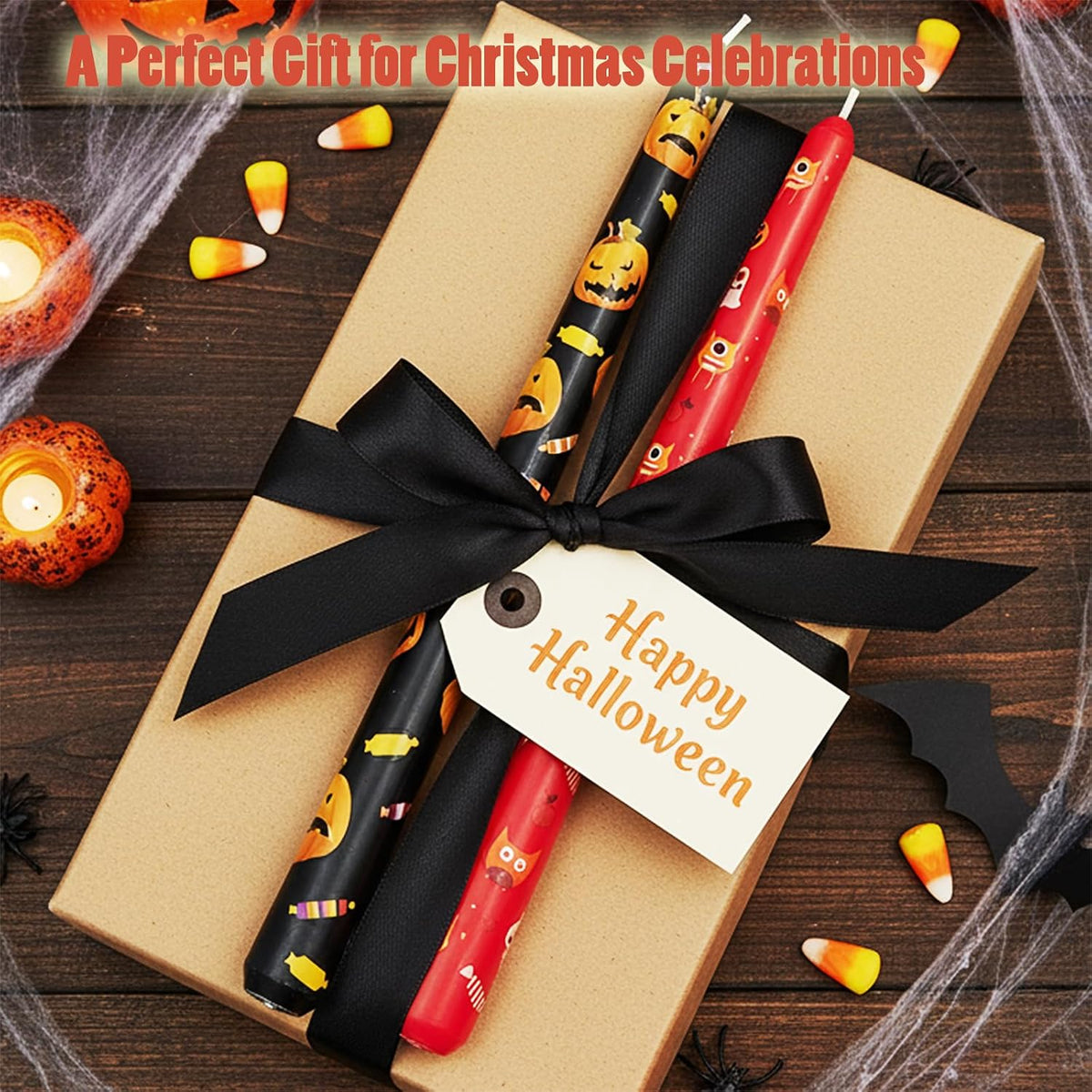 10-Inch Halloween Taper Candle Set of 4,Pumpkin Skeleton & Bat Prints, Spider Web Spooky Dinner Candles, Gift for Festive Halloween Day Decoration