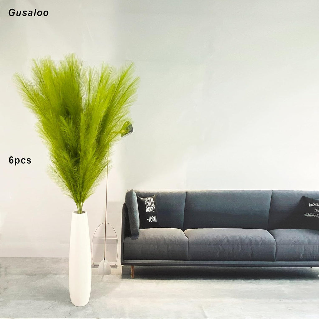 6 Pcs Artificial Pampas Grass Large, 47"/121cm Fake Faux Artificial Pampas Grass Decor Tall Stems Fluffy Pompous Pompass Branch Floor Vase Filler for Home Decor Boho Decor Wedding Grass Green