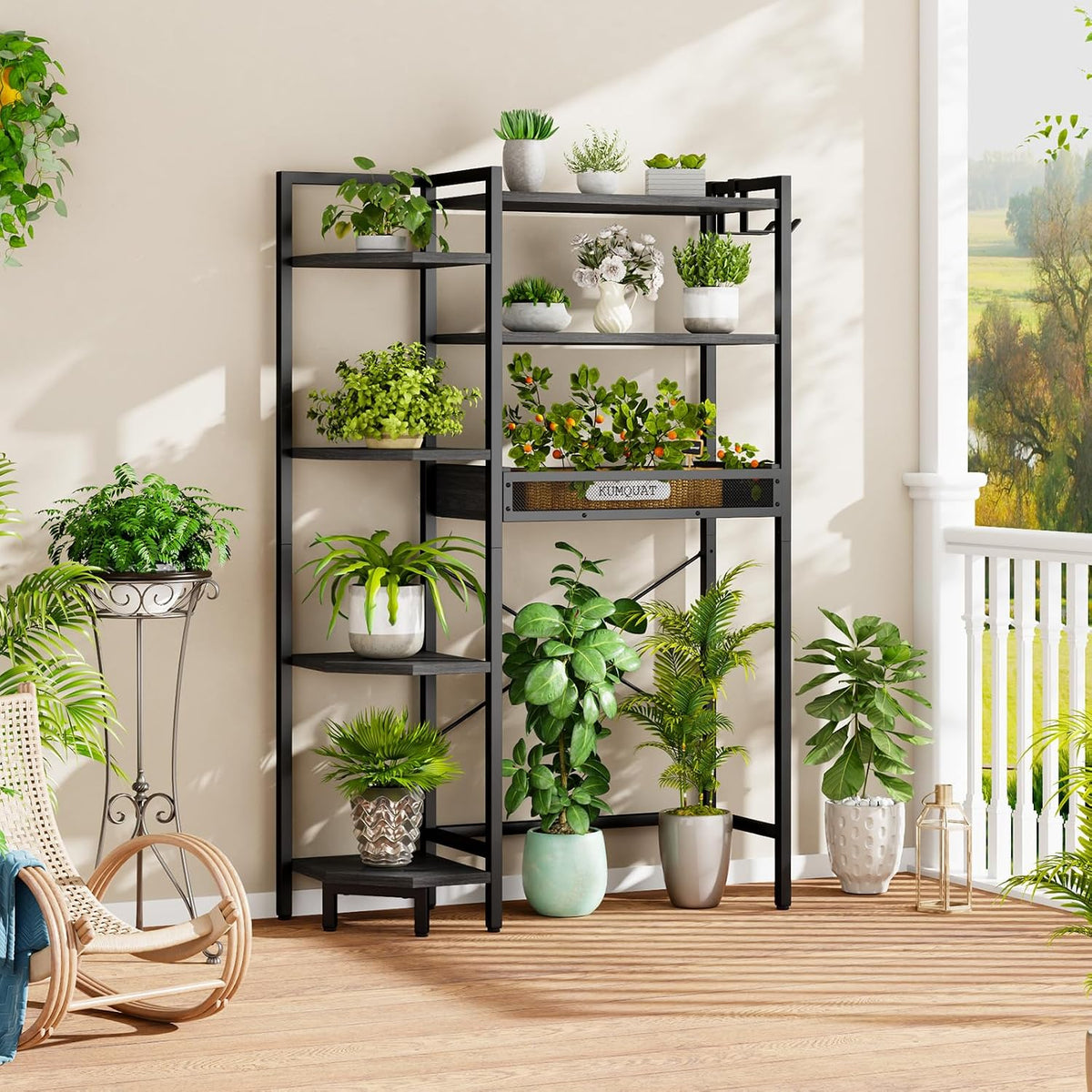 K1 Heavy Duty 7-Tier Over The Toilet Storage（with Basket and Paper Hook） Freestanding Above Toilet Shelf with Adjustable Feet，Space Saver Bathroom Shelves 9.3" D x 33.5" W x 63.8" H，Black