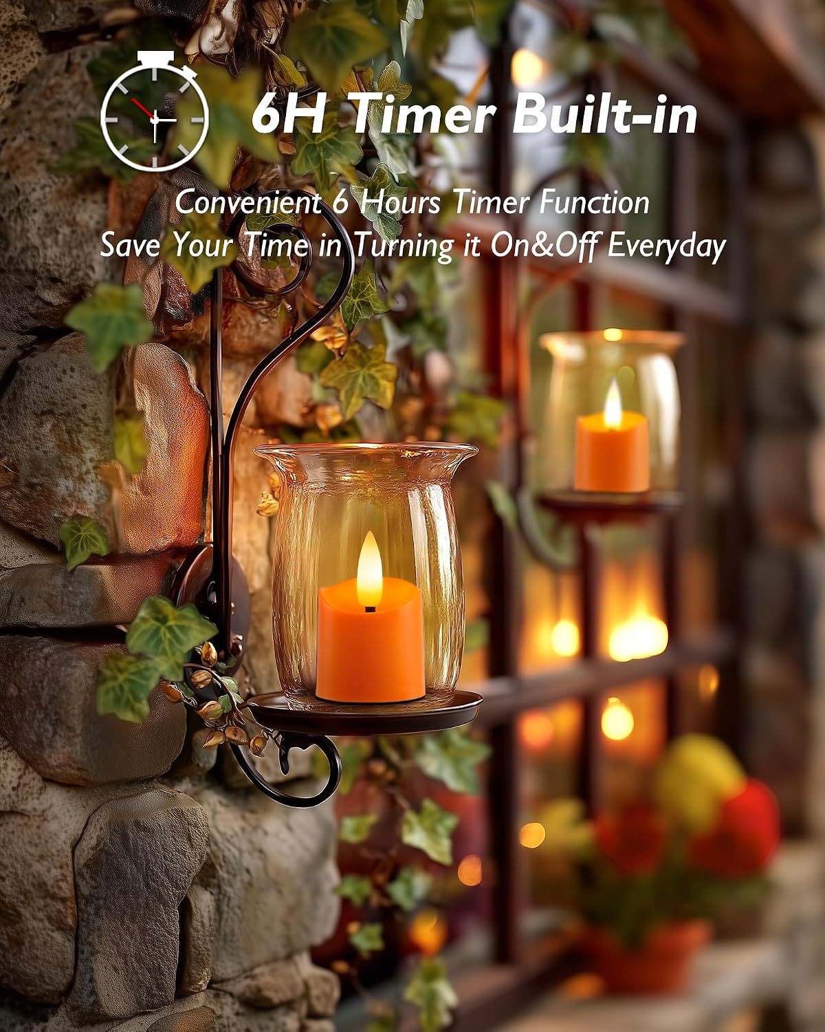 Homemory 12Pack Timer Flameless LED Votive Candles, Long Lasting Battery Operated Tealight, for Halloween Decorations, Theme Party, Thanksgiving Day-Orange Base