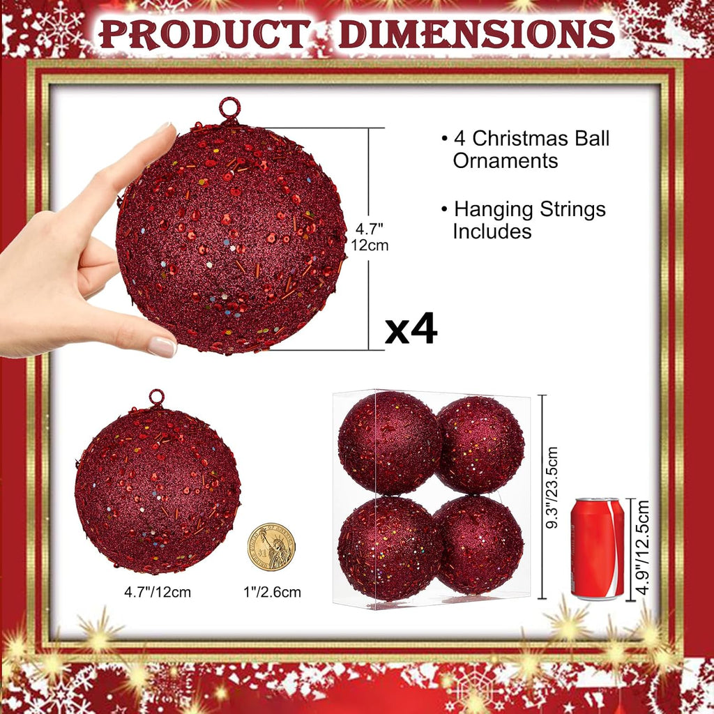 4Pcs 4.7" Large Red Christmas Balls Ornaments for Christmas Trees