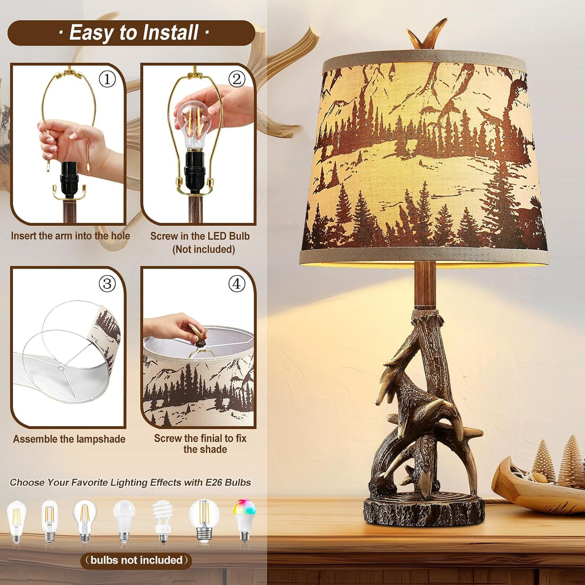 23'' Rustic Deer Antler Table Lamps Set of 2 for Log Cabin Bedroom Nightstand Western Country Side Lamp for Living Room End Table Study Room Desk, Brown, Forest Print Shade