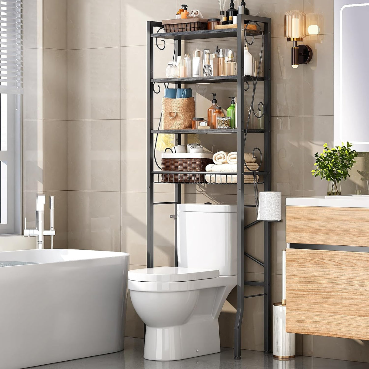Over-The-Toilet Storage Rack 4-Tier,Bathroom Organizer Shelf Over Toilet,Adjustable Wooden Shelves and Basket,Freestanding Above Toilet Shelf,Space Saver for Rooms(Black Rack-Black Shelves)