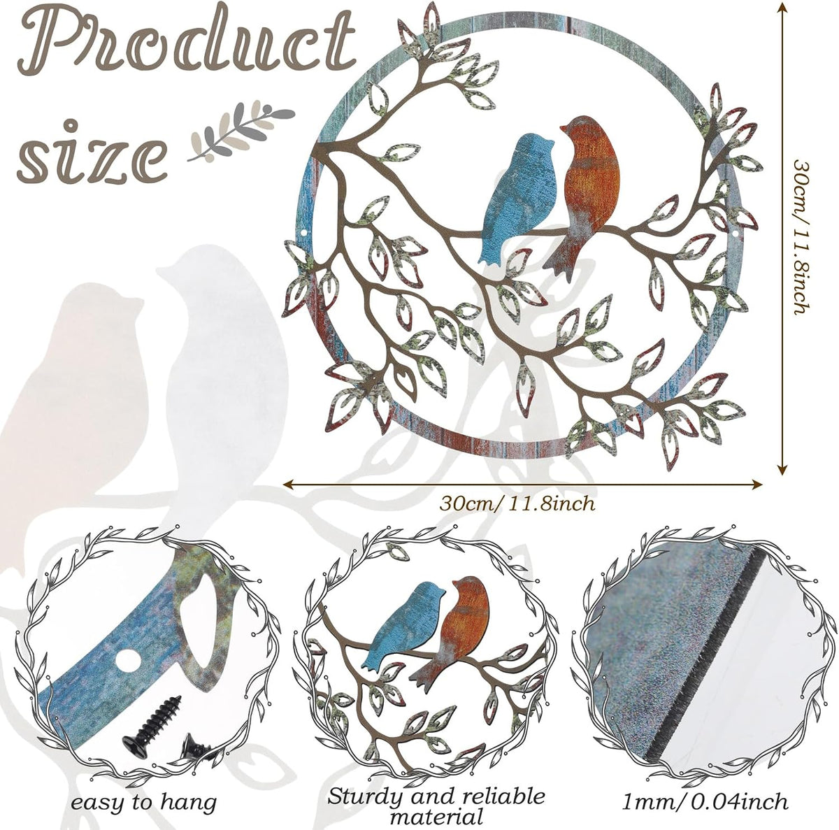 Ferraycle Metal Bird Wall Decor Bird Hanging Ornament, Retro Color