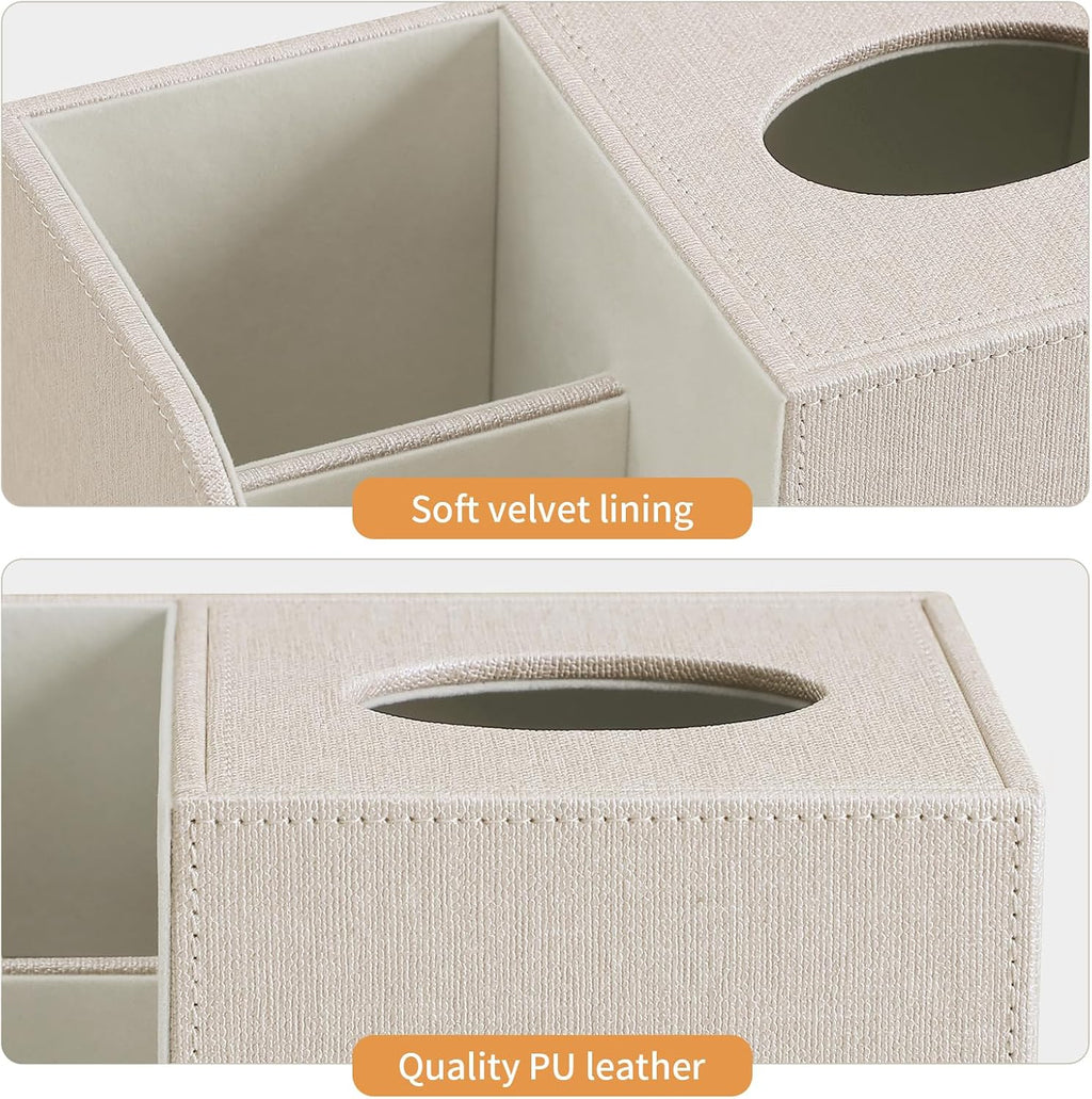 Square Tissue Box Cover with Remote Control Holder, Linen Beige