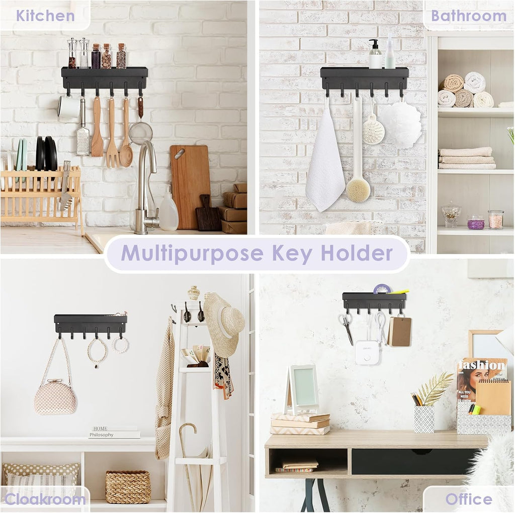 VIS'V Key Holder Wall Mount, Adhesive Key Rack with Tray, 6 Hooks, Black