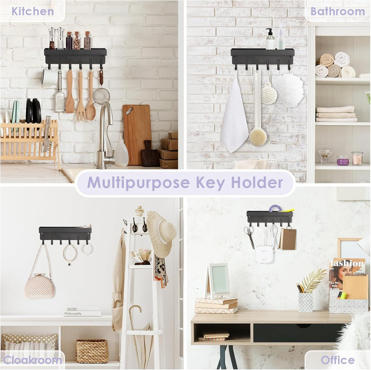 VIS'V Key Holder Wall Mount, Adhesive Key Rack with Tray, 6 Hooks, Black