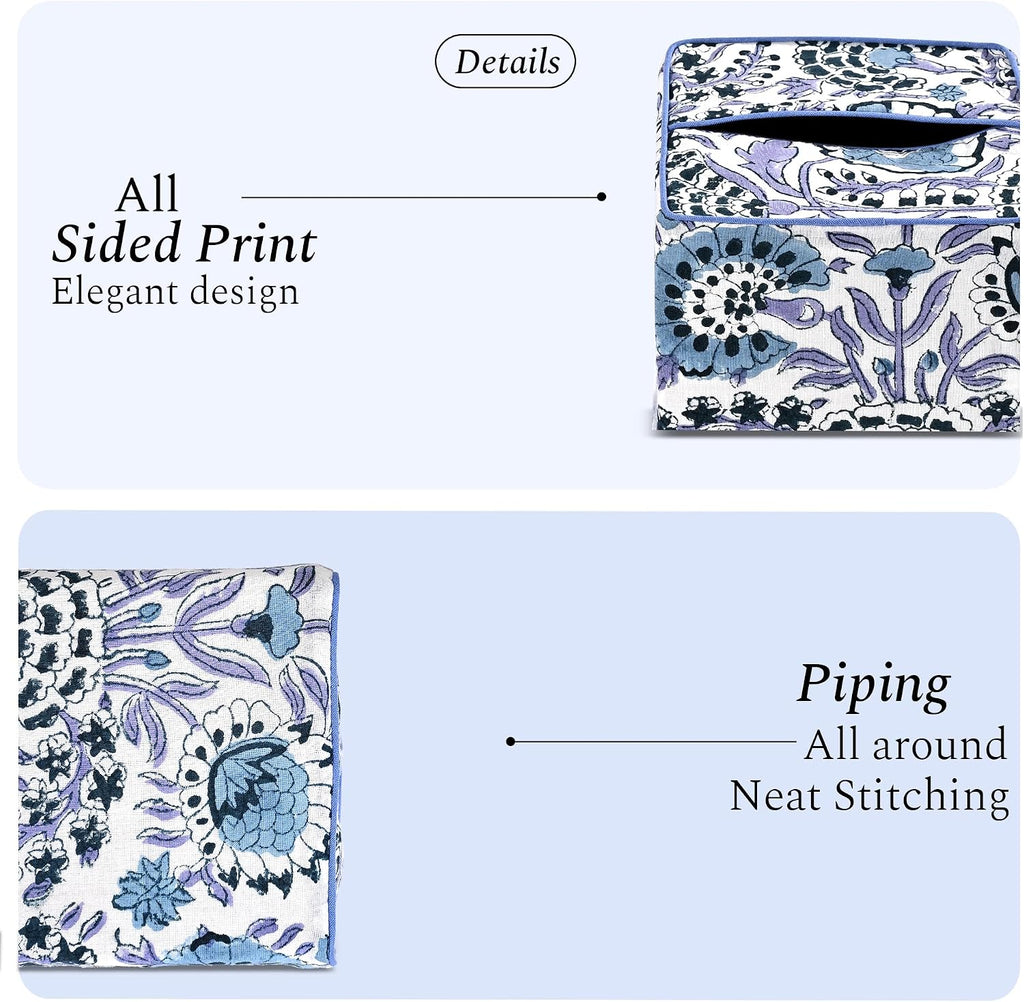 CPC 100% Cotton Piping Block Print Tissue Box Cover, Indigo Blue