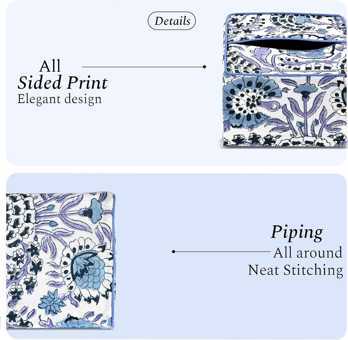 CPC 100% Cotton Piping Block Print Tissue Box Cover, Indigo Blue