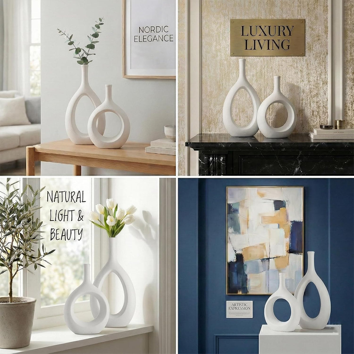 White Ceramic Hollow Elliptical Vase Set of 2 - Boho Circle Vase with Hole, for Modern White Table Decor, Living Room Decor Shelf mid Century Modern Home Entrance Decorative vase