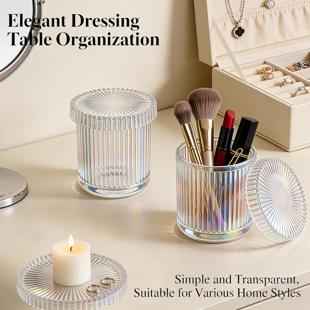 2‑Pack Clear Opalescent Glass Qtip Holder, Vanity & Bathroom Storage