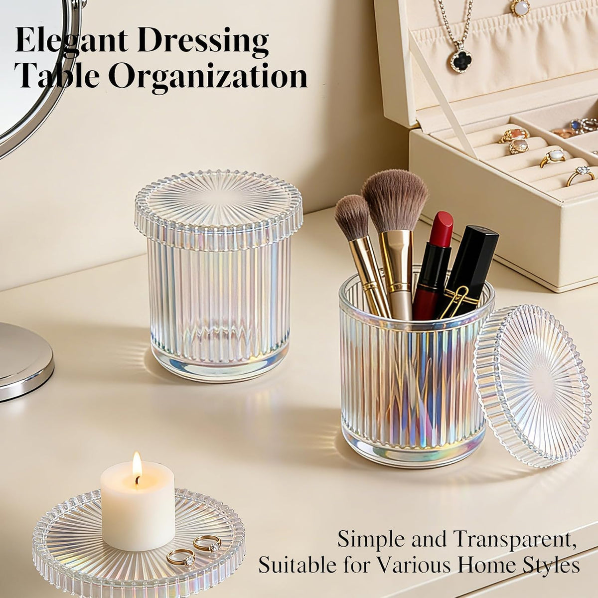 2‑Pack Clear Opalescent Glass Qtip Holder, Vanity & Bathroom Storage