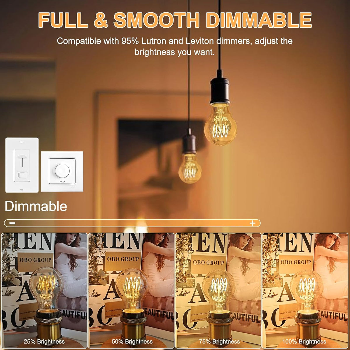 Dimmable E26 4W LED A19 Vintage Edison Decorative Light Bulbs 40 Watt 2500K