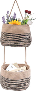 Over The Door Hanging Basket, 2 Tier Cotton Rope Woven Wall Basket, Magazine Racks Hanging Organizer, Decorative Hanging Storage Baskets for Organizing Living Room, Bathroom and Bedroom (Jute-black)