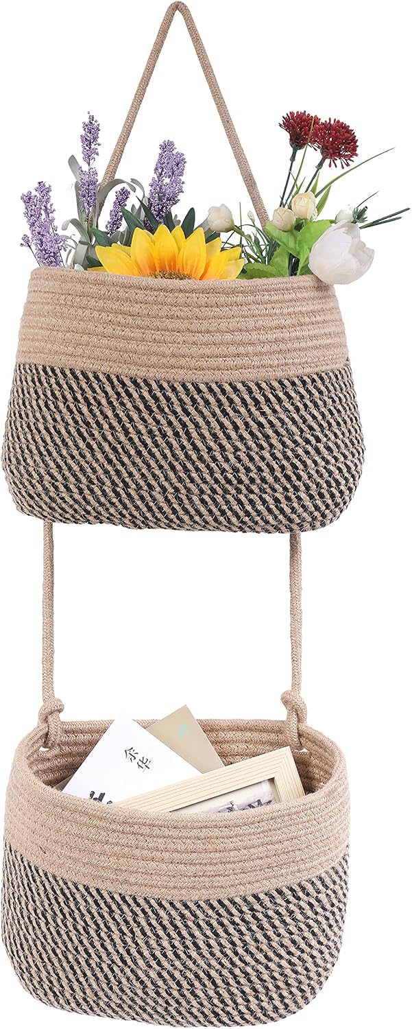 Over The Door Hanging Basket, 2 Tier Cotton Rope Woven Wall Basket, Magazine Racks Hanging Organizer, Decorative Hanging Storage Baskets for Organizing Living Room, Bathroom and Bedroom (Jute-black)