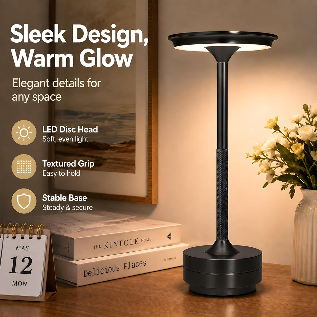 Cordless Rechargeable LED Table Lamp, 11.5 inches Modern Portable Desk Lamps 3 Colors Adjustable Brightness, 2600 mAh Battery Powered Table Light for Bar Restaurant Dining Black 2Pcs