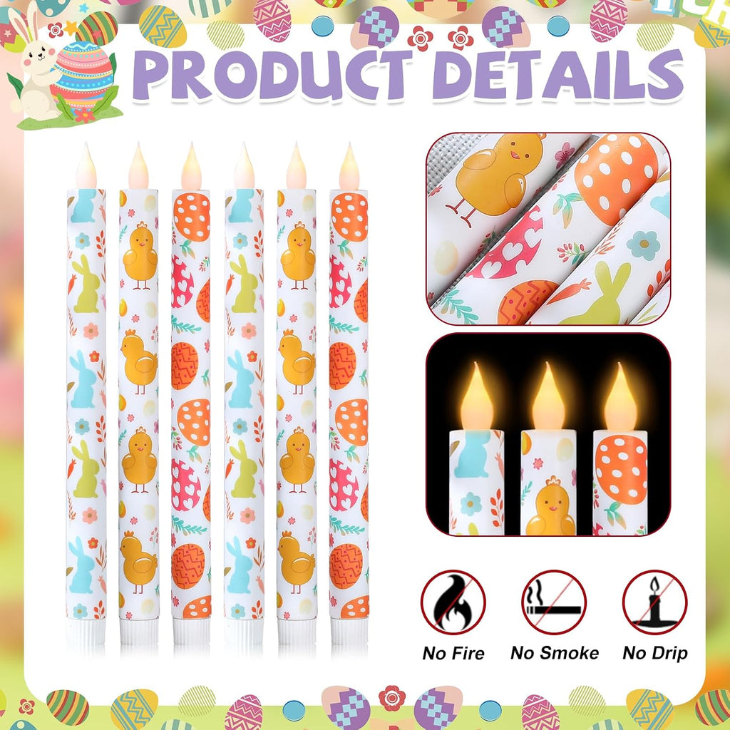 6Pcs Easter Taper Candles – 10.6" Battery Operated Flameless LED Candles with Bunny, Chick & Egg Patterns, Flickering Flame, Safe Spring Decor for Table Centerpiece, Party & Home Decor