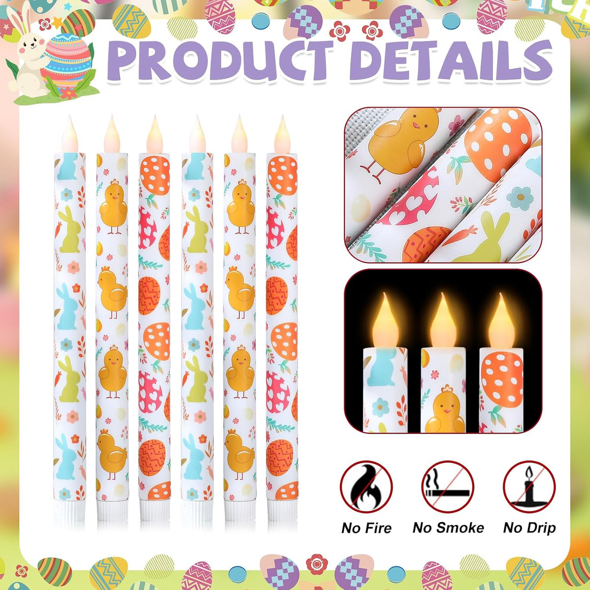 6Pcs Easter Taper Candles – 10.6" Battery Operated Flameless LED Candles with Bunny, Chick & Egg Patterns, Flickering Flame, Safe Spring Decor for Table Centerpiece, Party & Home Decor