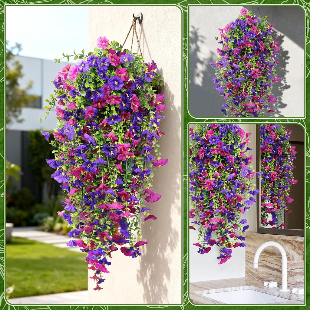 Fake Hanging Plants, Faux Hanging Plant Artificial Greenery for Living Room Bedroom Boho Wall Shelf Indoor Outdoor Decor (4-Pack, Purple Pink Morning Glory)