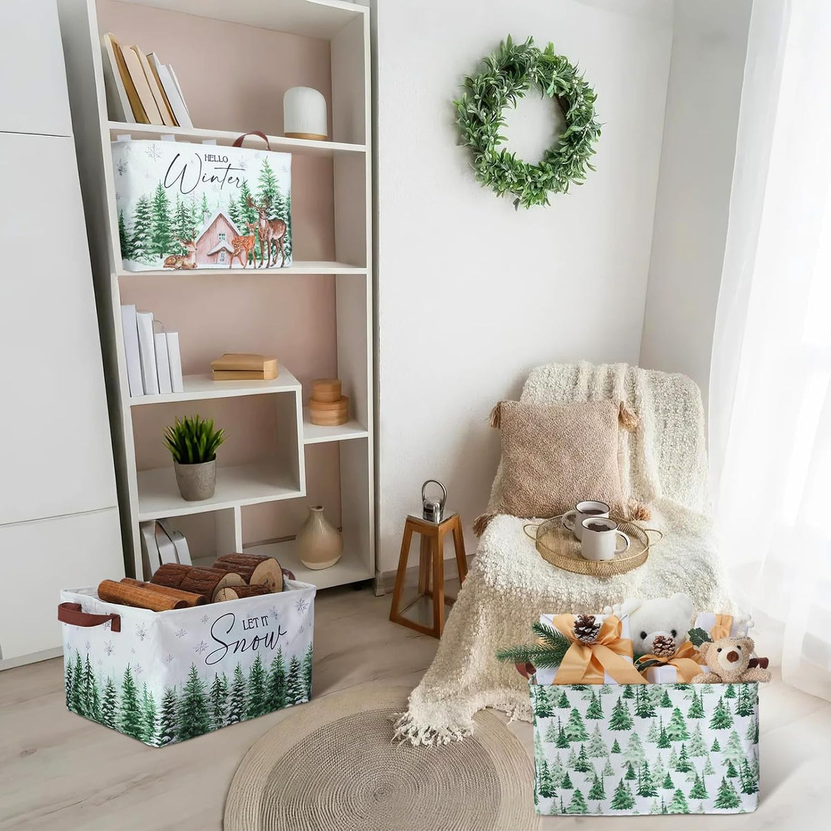 Beeveer 3 Pcs Winter Tree Wonderland Reindeer Storage Bin Xmas Tree Foldable Basket with Handle Fabric Storage Container Cube Box for Home Office Dorm Closet Shelf Toy Organizer