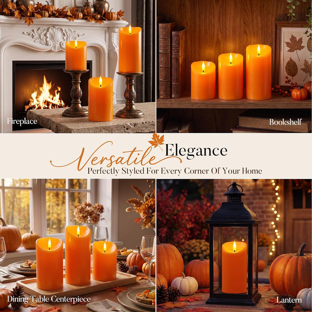 Raycare Real Wax Fall Flameless LED Pillar Candles with Timer Remote,Orange