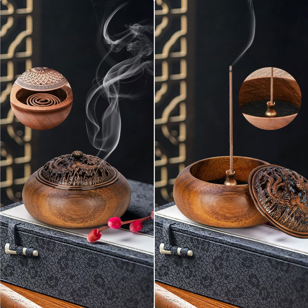 2 Pack Incense Cone Holder, Wooden Incense Burner with Brass Cover, Bakhoor Burners for Sticks Coil, Frankincense Room Home Decor Yoga Spa Meditation (R)