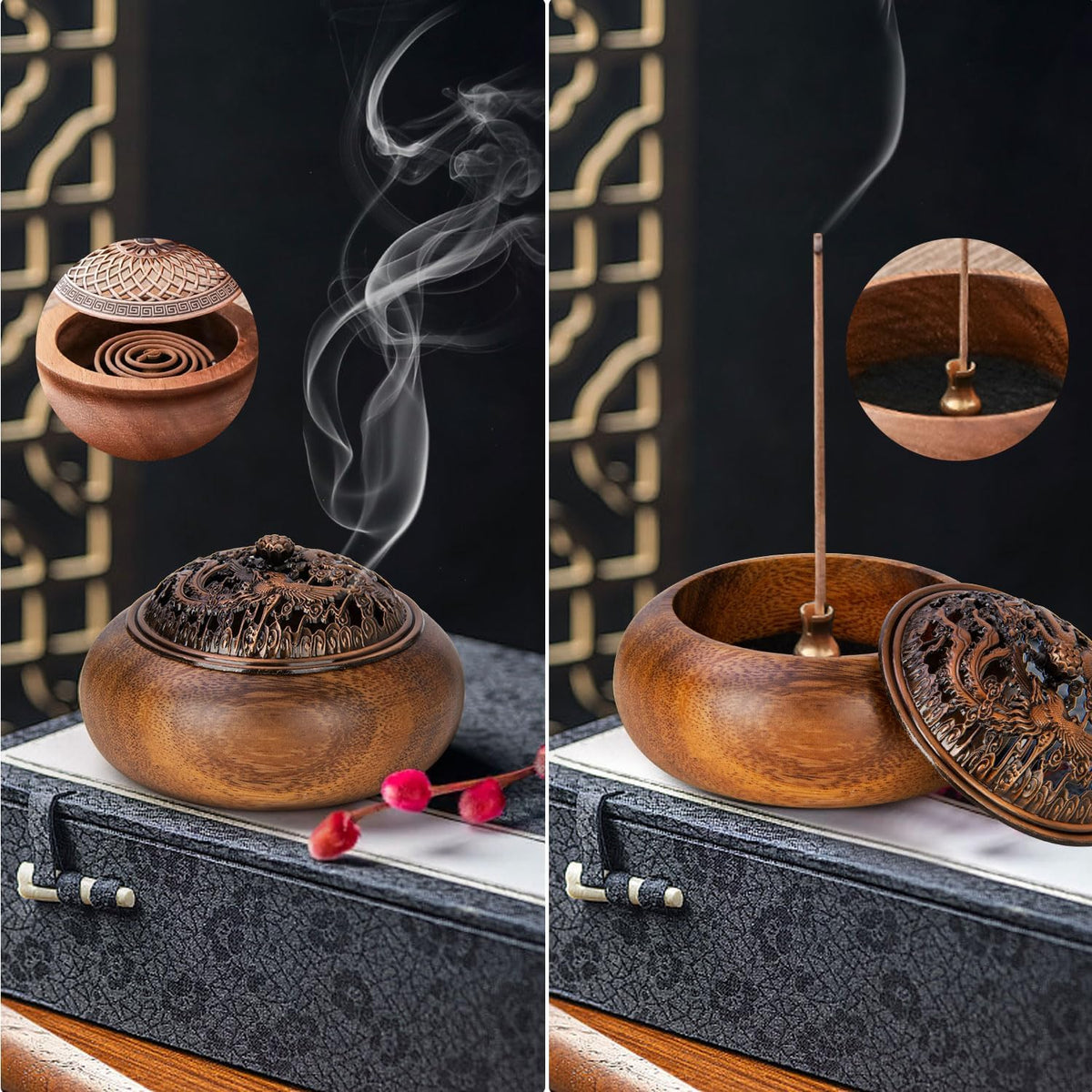 2 Pack Incense Cone Holder, Wooden Incense Burner with Brass Cover, Bakhoor Burners for Sticks Coil, Frankincense Room Home Decor Yoga Spa Meditation (R)