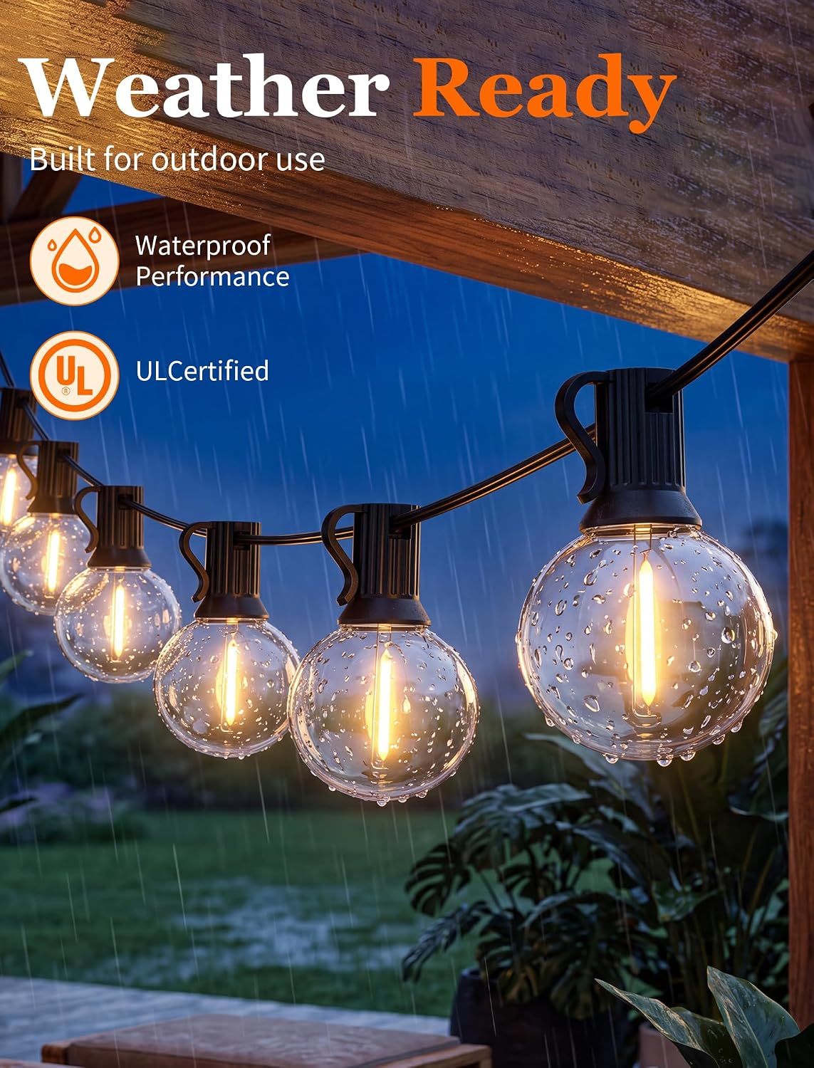 50FT G40 LED Outdoor String Lights, 50+2 Shatterproof Bulbs, Black Wire
