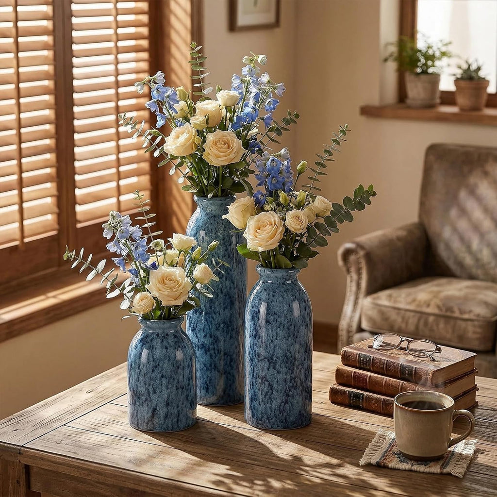 Blue Ceramic Vase Sets, Modern Farmhouse Country Flower Vases Home Decor