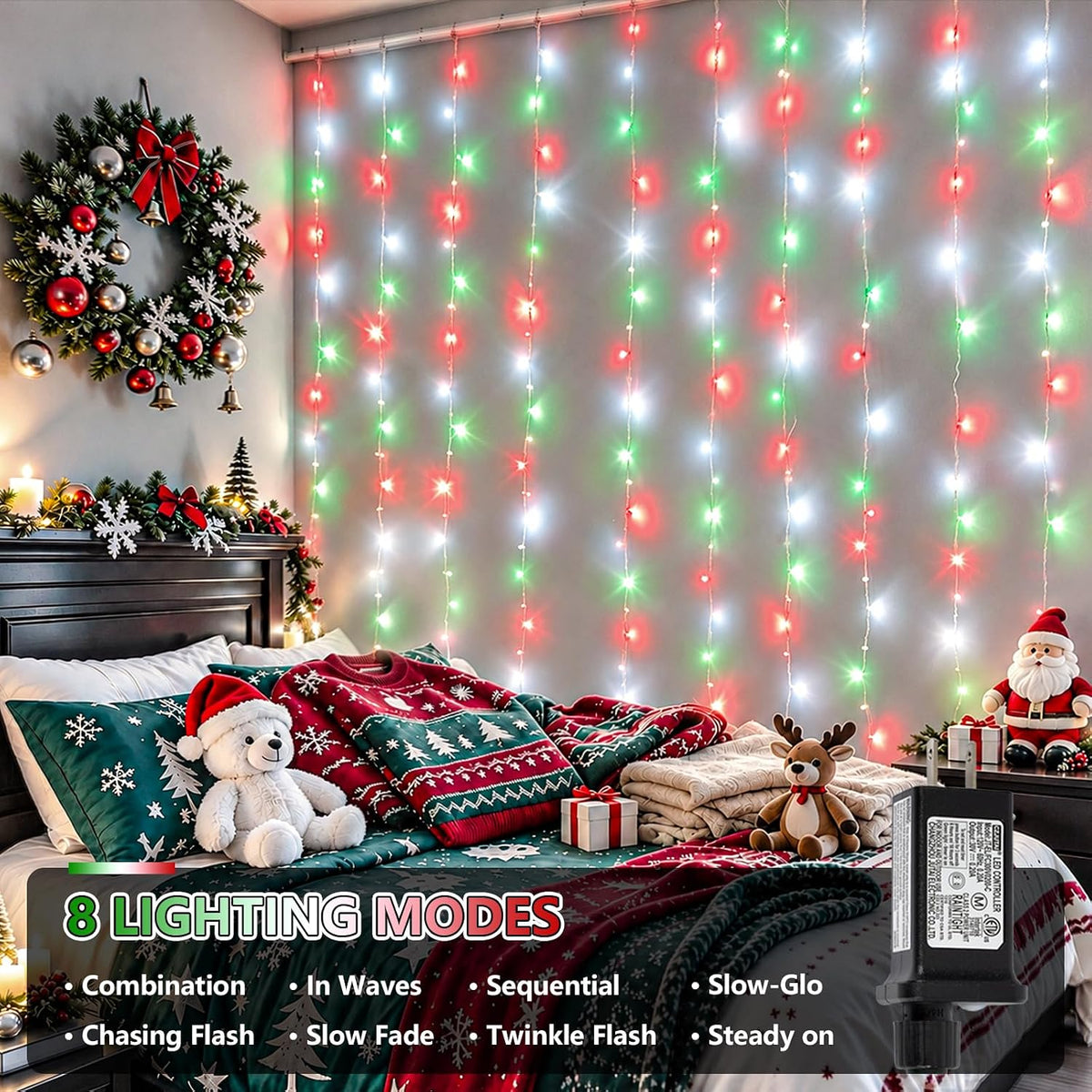 YEGUO 300 LED Red White and Green Christmas Lights, Curtain Lights Plug in, 8 Modes Hanging String Lights for Bedroom Wall Window Backdrop Indoor Outdoor Party Xmas Decorations-9.8x9.8ft