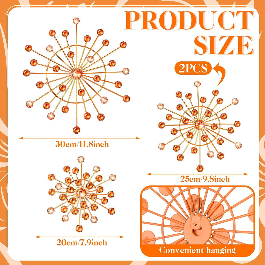 Blulu 4 Pcs Metal Wall Art Starburst Decor with 3D Rhinestone, Orange