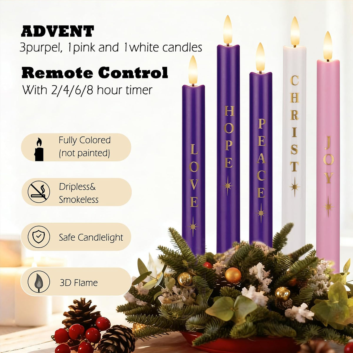 Advent Candles Set of 5, Flameless Taper Candles with Remote, Christmas Purple and Pink Battery Operated Advent Candlestick for Thanksgiving Xmas Advent Wreath Decor, 9.7"