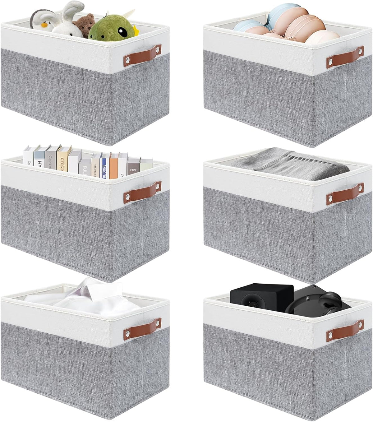 SNWDN 6 Pack Collapsible Fabric Storage Baskets with Handles (White/Grey 15''Lx10.2''Wx9''H)