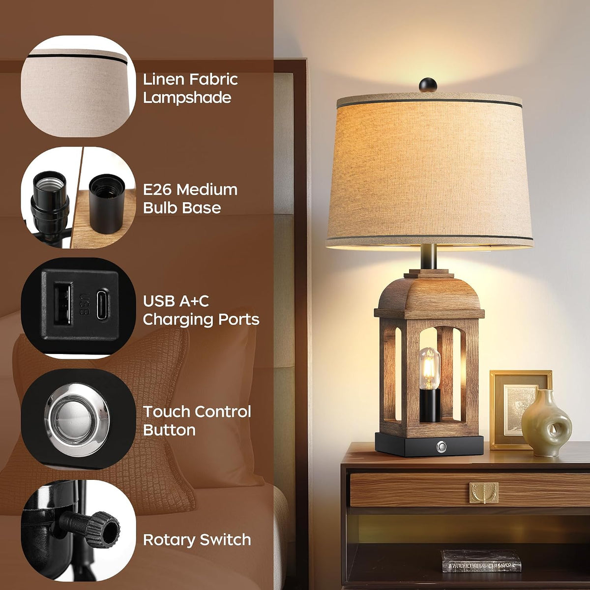 QiMH Table Lamp for Living Room, Farmhouse Lamps Set of 2 with USB A+C and Nightlight, 26" Rustic Bedside Lamps with 3-Way Dimmable Touch Control, Nightstand Lamp for Bedroom Decor, Wood Grain