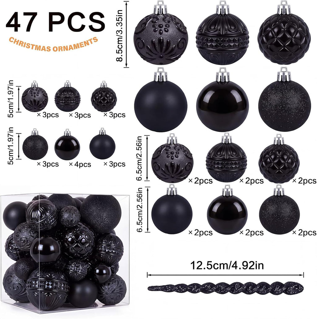 47pcs Black Christmas Ornaments Set Christmas Tree Decorations