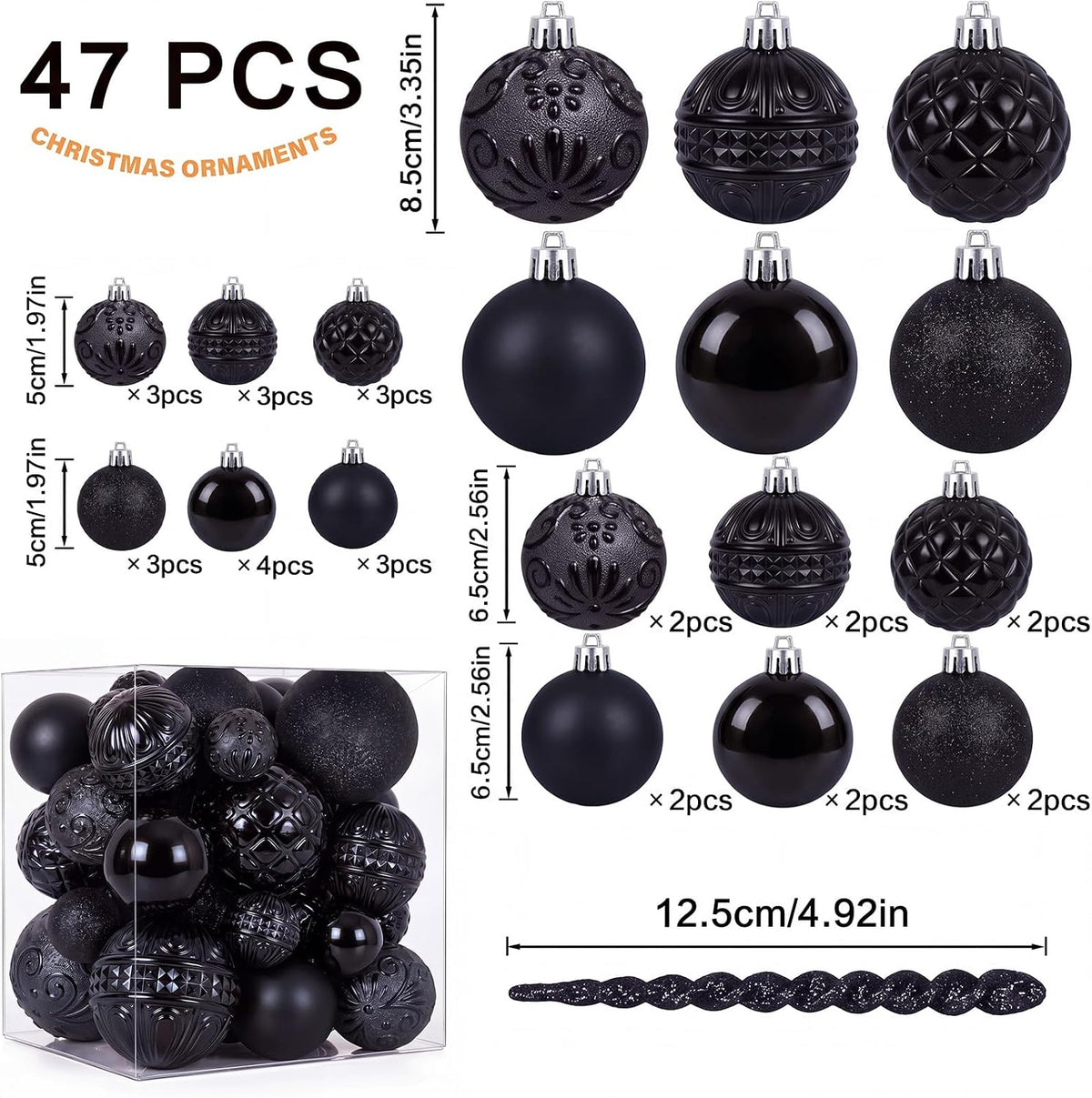 47pcs Black Christmas Ornaments Set Christmas Tree Decorations